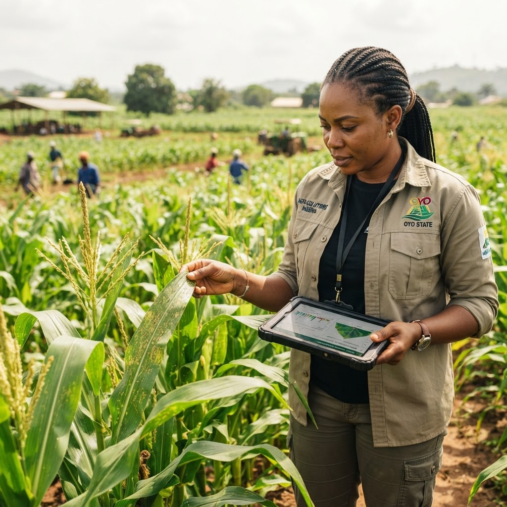 Nigerian agronomist reviewing crop conditions on a tablet